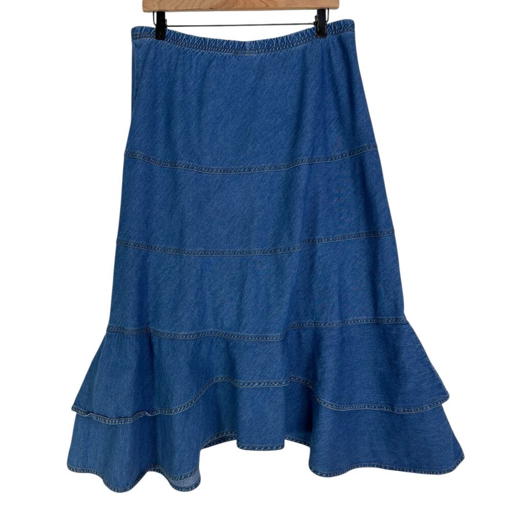 Vintage Denim Tier Midi Skirt Small 90s Pull On Prairie Western Country Cottage